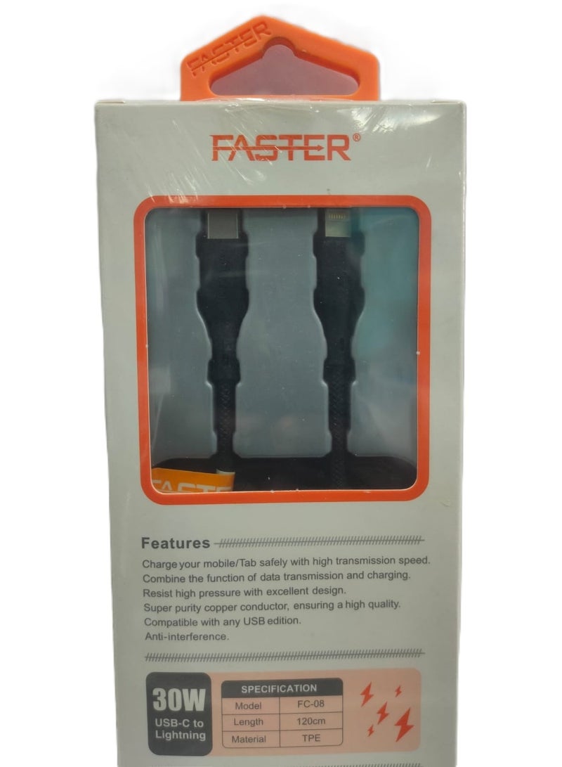فاستر كابل الشحن السريع Faster FC-08 بقوة 30 واط من نوع USB-C إلى Lightning، بطول 120 سم، يدعم تقنية الشحن السريع PD بقوة 30 واط، متوافق مع أجهزة iPhone 14/14 Pro/14 Plus/14 Pro Max، وiPad Pro، وجميع سلاسل iPhone من 8 إلى 13 - Image 2