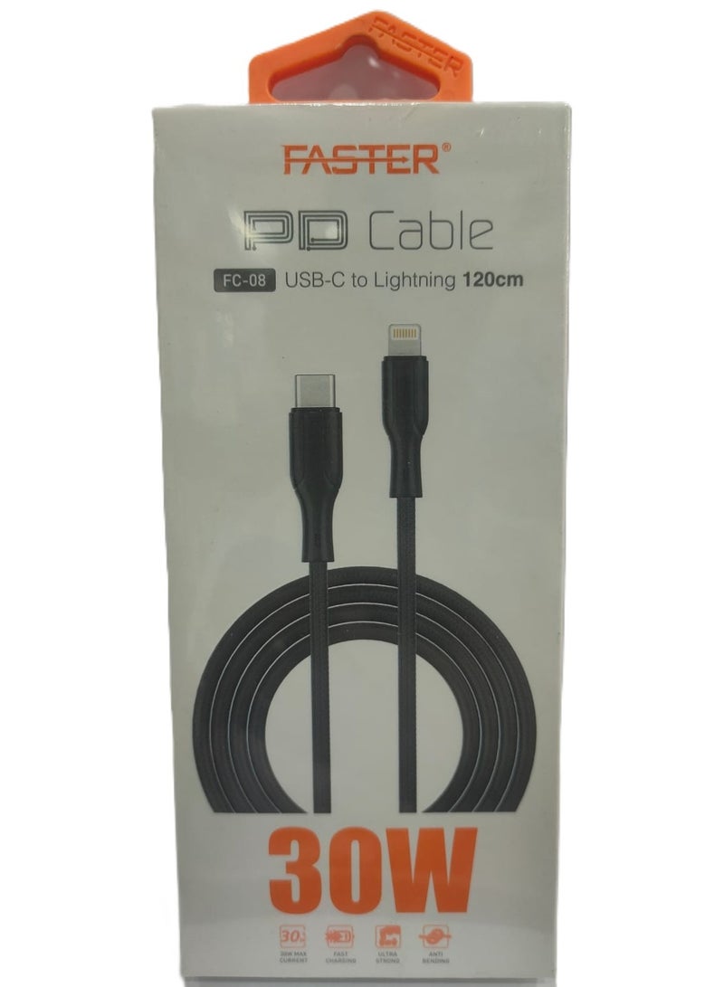 فاستر كابل الشحن السريع Faster FC-08 بقوة 30 واط من نوع USB-C إلى Lightning، بطول 120 سم، يدعم تقنية الشحن السريع PD بقوة 30 واط، متوافق مع أجهزة iPhone 14/14 Pro/14 Plus/14 Pro Max، وiPad Pro، وجميع سلاسل iPhone من 8 إلى 13 - Image 1