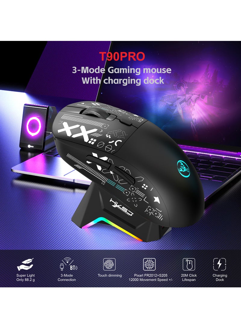 إتش إكس إس جيه ماوس T90 Superlight ماوس ألعاب لاسلكي/سلكي BT/2.4G، 6 نقطة في البوصة قابل للتعديل حتى 12000 RGB Touch قاعدة شحن مغناطيسية - Image 2