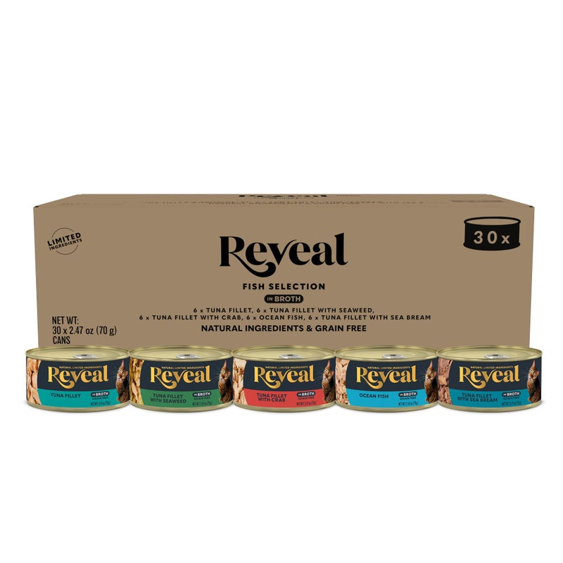 Reveal Natural Wet Canned Cat Food, 5-Flavor Variety Pack, Limited Ingredient, Grain Free, High Protein with No Artificial Additives, Fish Variety in Broth (30 x 2.47 oz Cans) - Image 1