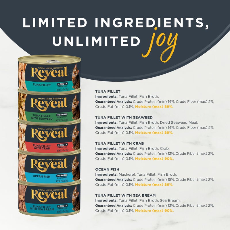 Reveal Natural Wet Canned Cat Food, 5-Flavor Variety Pack, Limited Ingredient, Grain Free, High Protein with No Artificial Additives, Fish Variety in Broth (30 x 2.47 oz Cans) - Image 3