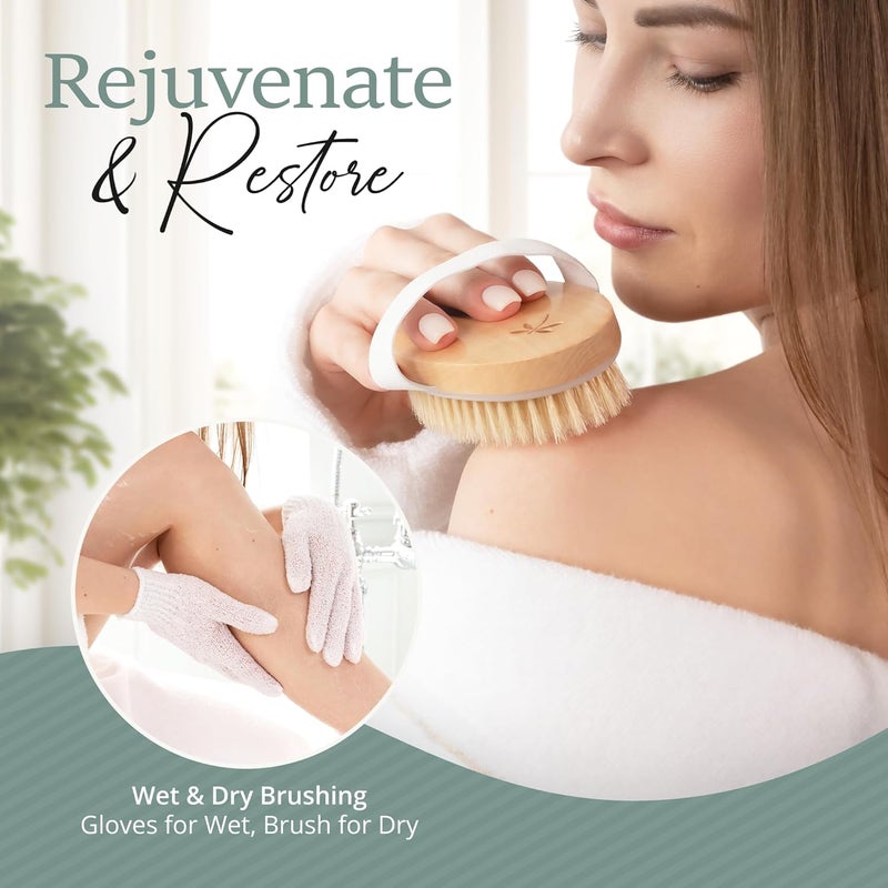 Belula Dry Brushing Body Brush Set Natural Boar Bristle Body Brush Exfoliating Face Brush Bath Gloves Ideal Dry Skin Brush for Lymphatic Drainage Healthy Glowing Skin - Image 4