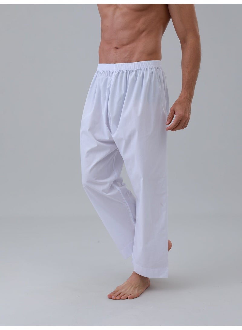 بنطلون رجالي إسلامي كاجوال، يُرتدى مع ثوب، بنمط عربي ولمسة شرق أوسطية، يتميز بحزام خصر مطاطي، أبيض اللون. - Image 3