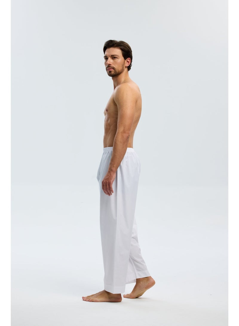 بنطلون رجالي إسلامي كاجوال، يُرتدى مع ثوب، بنمط عربي ولمسة شرق أوسطية، يتميز بحزام خصر مطاطي، أبيض اللون. - Image 1