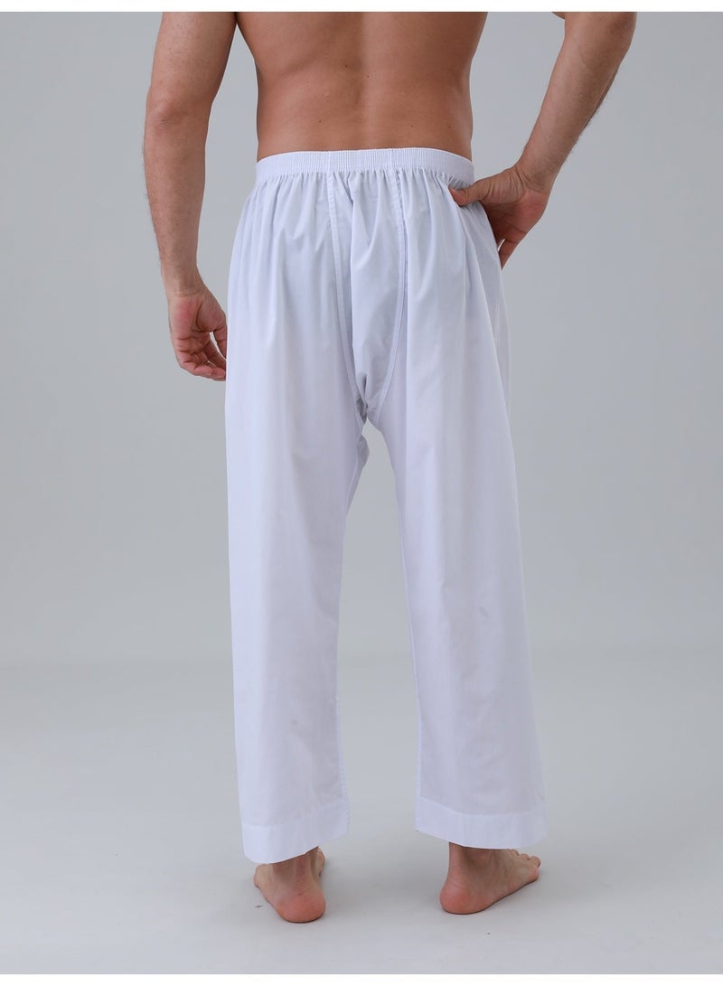 بنطلون رجالي إسلامي كاجوال، يُرتدى مع ثوب، بنمط عربي ولمسة شرق أوسطية، يتميز بحزام خصر مطاطي، أبيض اللون. - Image 4