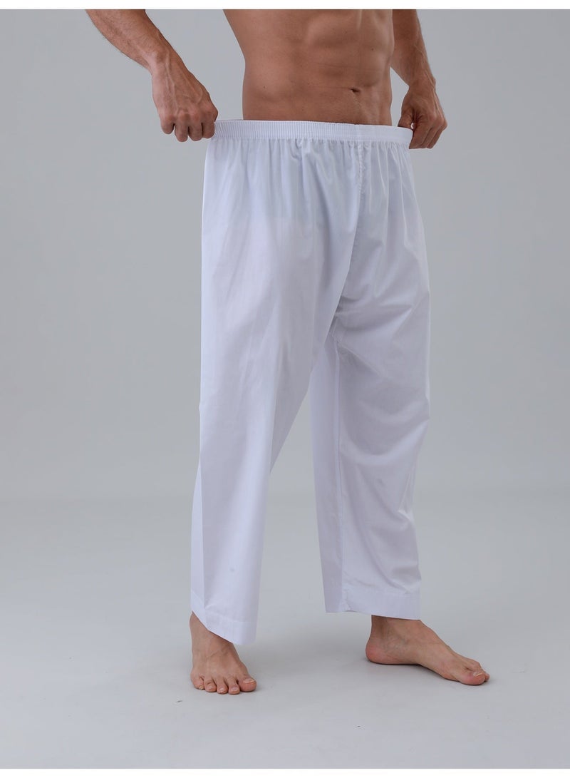 بنطلون رجالي إسلامي كاجوال، يُرتدى مع ثوب، بنمط عربي ولمسة شرق أوسطية، يتميز بحزام خصر مطاطي، أبيض اللون. - Image 2
