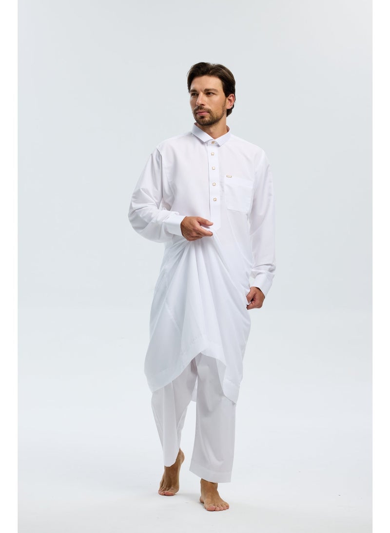 بنطلون رجالي إسلامي كاجوال، يُرتدى مع ثوب، بنمط عربي ولمسة شرق أوسطية، يتميز بحزام خصر مطاطي، أبيض اللون. - Image 5