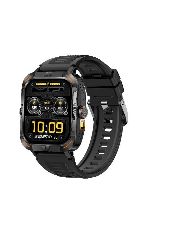Men's black smartwatch, 1.97-inch AMOLED display, supports Bluetooth calling, sleep monitoring, compatible with Android and iOS systems, over 100 sports modes, pedometer, IP67 water resistance.
