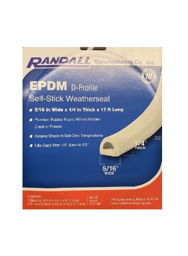 Randall EPDM D-Profile Self-Stick Rubber Foam Weatherseal White 0.64 x 0.8 x 518 cm V-25-WH - Image 1