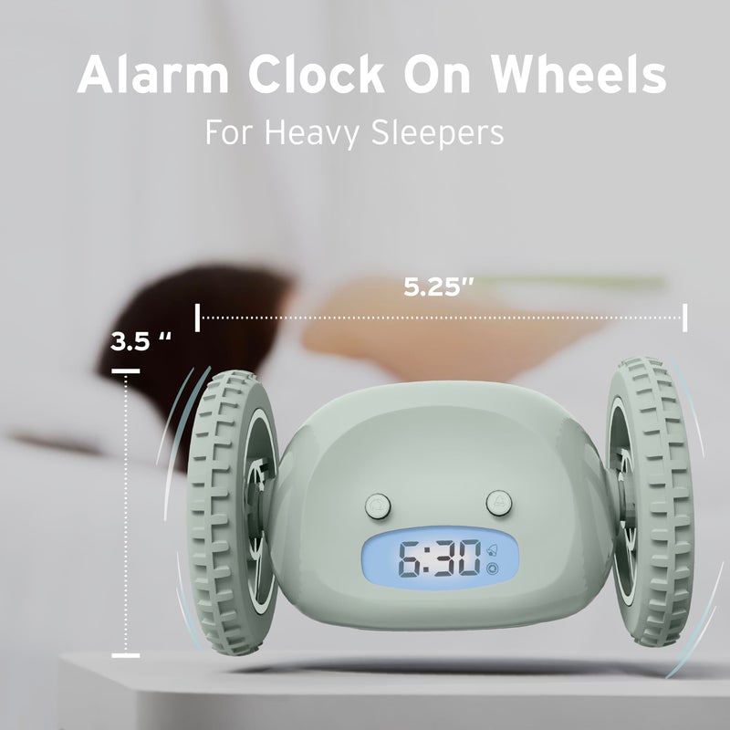 CLOCKY Alarm Clock on Wheels â€“ Loud Rolling Alarm Clock for Heavy Sleepers | Runaway Clock That Jumps & Runs to Wake You Up | Funny Unique Gift for Adults, Teens & Kids Bedrooms (Sage) - Image 2
