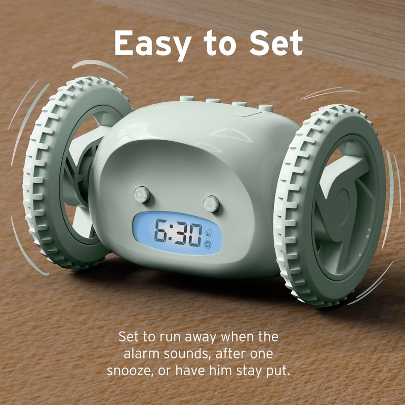 CLOCKY Alarm Clock on Wheels â€“ Loud Rolling Alarm Clock for Heavy Sleepers | Runaway Clock That Jumps & Runs to Wake You Up | Funny Unique Gift for Adults, Teens & Kids Bedrooms (Sage) - Image 4