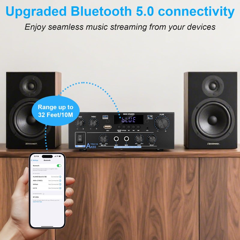 Romicta Romica AK55 Stereo Audio Amplifier, 2 Channel 500W Bluetooth 5.0 Home Theater Power Amplifier with FM, Echo, AUX, USB, SD, MIC, Optical & Coaxial Inputs, AMP for Passive Speakers and Active subwoofer - Image 4