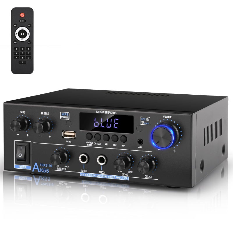 Romicta Romica AK55 Stereo Audio Amplifier, 2 Channel 500W Bluetooth 5.0 Home Theater Power Amplifier with FM, Echo, AUX, USB, SD, MIC, Optical & Coaxial Inputs, AMP for Passive Speakers and Active subwoofer - Image 1