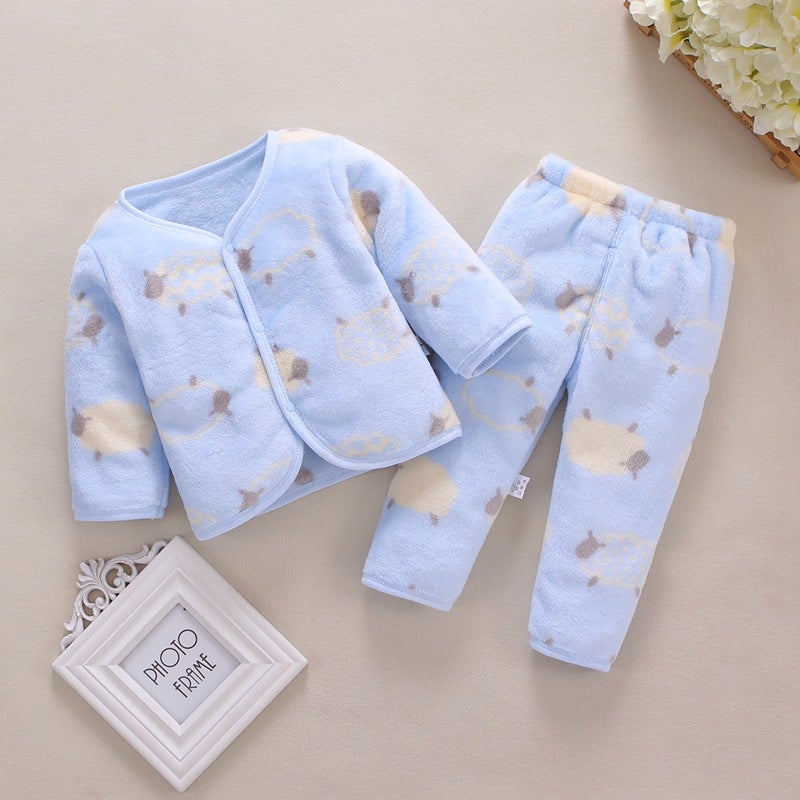 Infant Flannel Warm Cardigan Set for Autumn/Winter Blue Lamb - Image 1