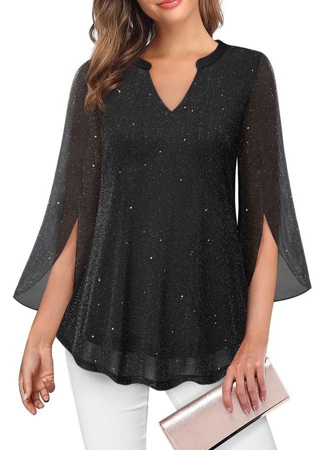VALOLIA Women's 3/4 Sleeve Floral Tunic Tops V Neck Double Layers Loose Fit Mesh Blouses Shirt, Sparkly Black, L - Image 1