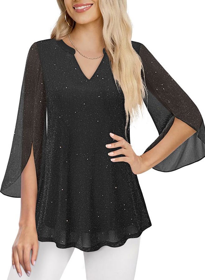 VALOLIA Women's 3/4 Sleeve Floral Tunic Tops V Neck Double Layers Loose Fit Mesh Blouses Shirt, Sparkly Black, L - Image 2