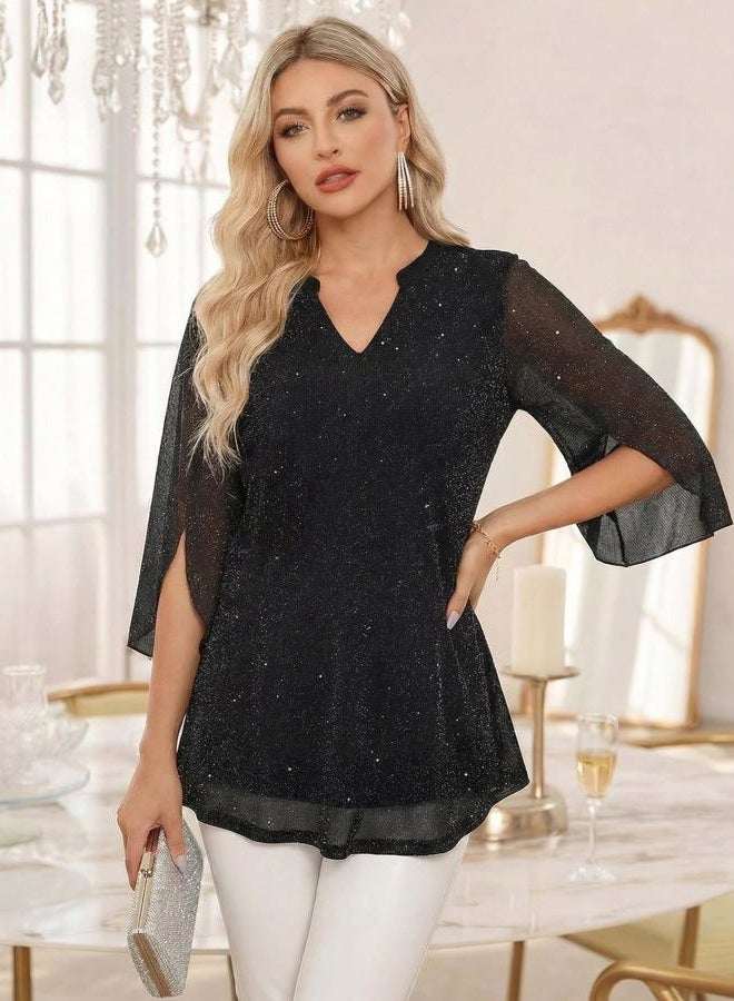 VALOLIA Women's 3/4 Sleeve Floral Tunic Tops V Neck Double Layers Loose Fit Mesh Blouses Shirt, Sparkly Black, L - Image 3
