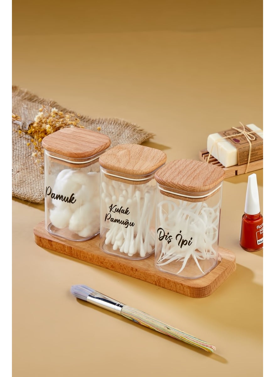 Fbz Home 3-Piece Acrylic Dental Floss & Make-up Cotton & Cotton Holder Storage Box with Wooden Stand  - Image 1