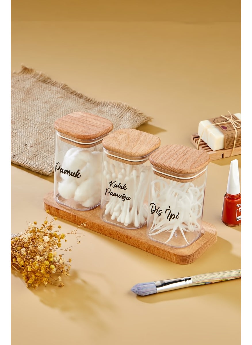 Fbz Home 3-Piece Acrylic Dental Floss & Make-up Cotton & Cotton Holder Storage Box with Wooden Stand  - Image 2