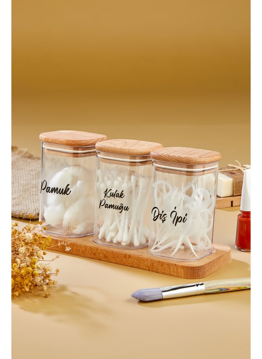 Fbz Home 3-Piece Acrylic Dental Floss & Make-up Cotton & Cotton Holder Storage Box with Wooden Stand  - Image 4