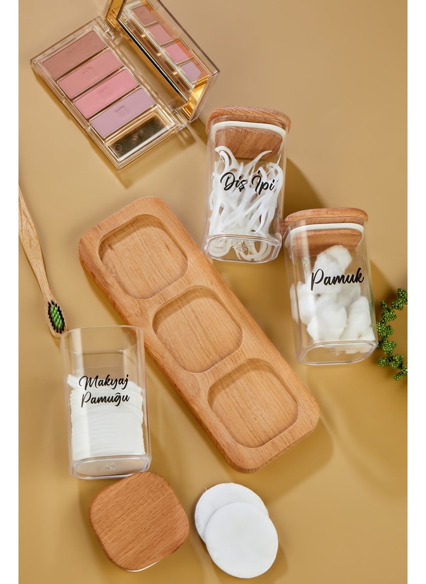Fbz Home 3-Piece Acrylic Dental Floss & Make-up Cotton & Cotton Holder Storage Box with Wooden Stand  - Image 3