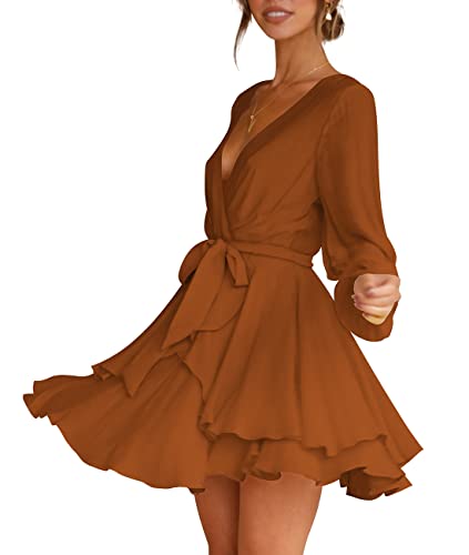 Cosonsen Womens Long Sleeve Dresses Deep V-Neck Ruffle Tie Waist Mini Dress Brown M - Image 2