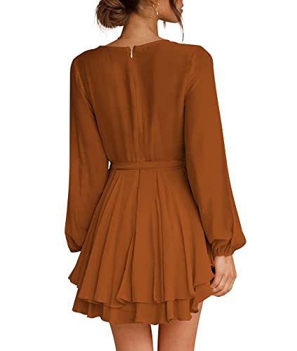Cosonsen Womens Long Sleeve Dresses Deep V-Neck Ruffle Tie Waist Mini Dress Brown M - Image 3