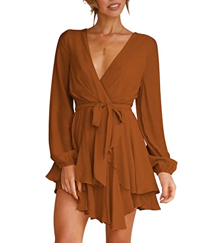 Cosonsen Womens Long Sleeve Dresses Deep V-Neck Ruffle Tie Waist Mini Dress Brown M - Image 4