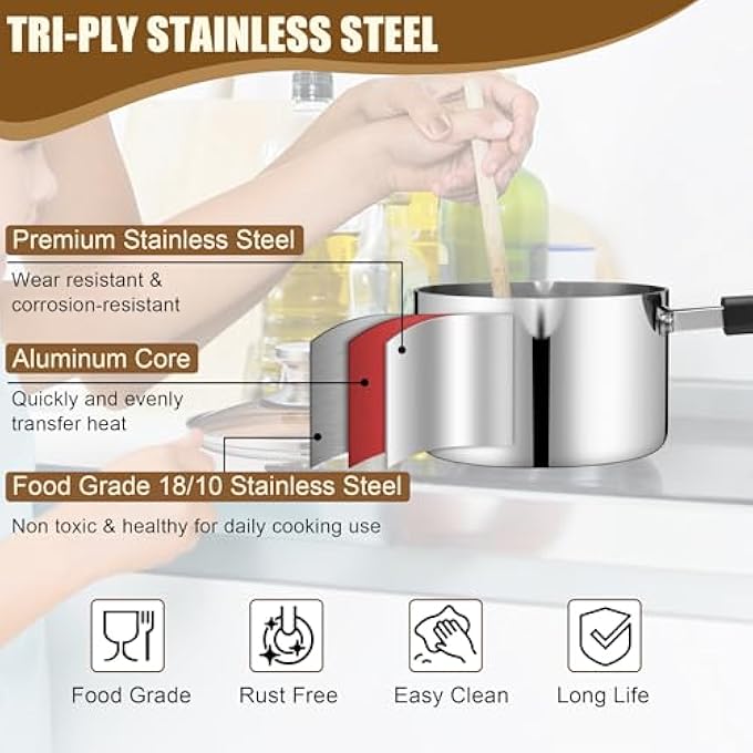 إي-فار وعاء صلصة سعة 1 كوارت مع غطاء من الفولاذ المقاوم للصدأ، وعاء طهي صغير ثلاثي الطبقات مع فوهة صب، وعاء صلصة حثي متعدد الأغراض، مقبض StayCool متوافق مع جميع مواقد الطهي، آمن للاستخدام في غسالة الأطباق - Image 5