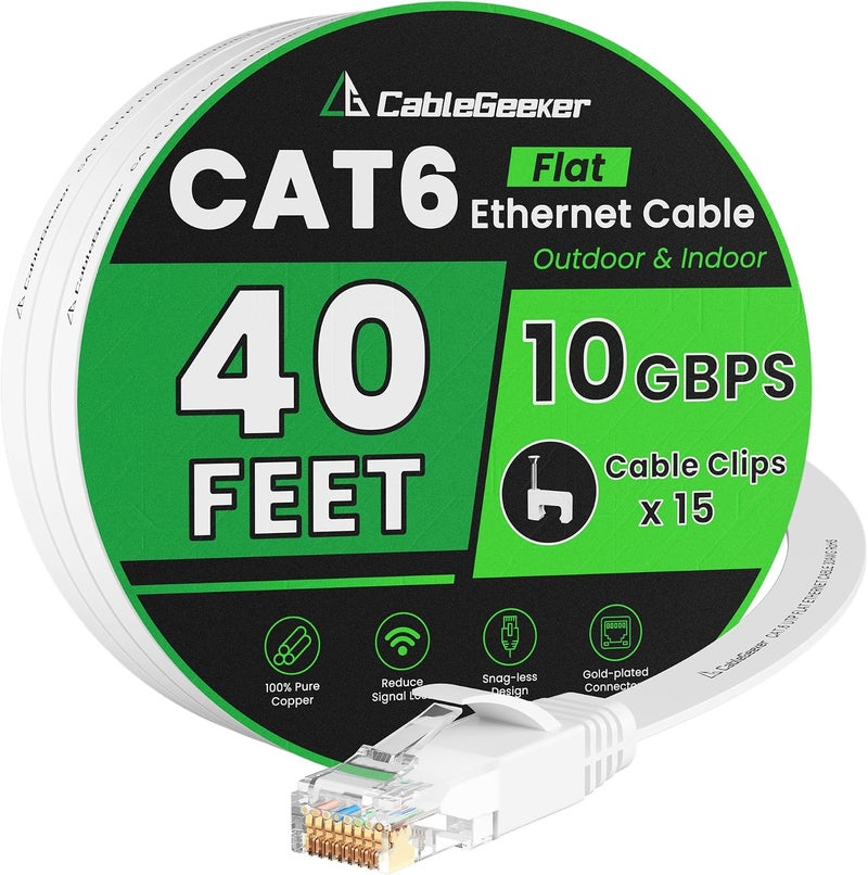 CableGeeker Cat 6 Ethernet Cable 40 ft, Indoor&Outdoor, High Speed 10Gbps Flat Internet Network Cable, Pure Copper Ethernet Patch Cable Long, Computer LAN Cable with Clips & Straps for Router, Modem, PS4/5, White - Image 1