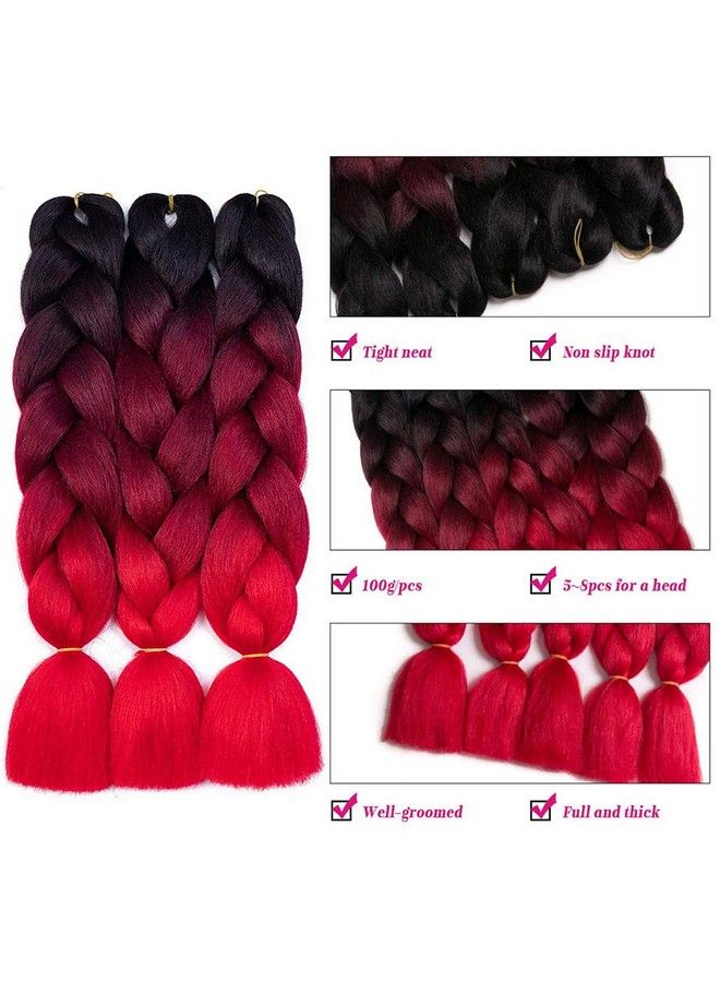 Ombre Braiding Hair Synthetic Jumbo Braids Hair Extensions 24 Inch 3 Bundles Deals Heat Resistant Fiber High Temperature Fiber For Afro Twist Crochet Hair 3 Tone Color Black/Burgundy/Red