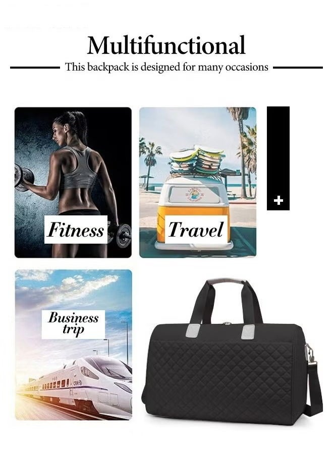 Canway - Quilted Travel Duffel Bag Large Capacity Lightweight Waterproof Oxford Fabric Multipurpose Shoulder Luggage Bag for Fitness Sports Training Trip for Unisex Black - Image 1