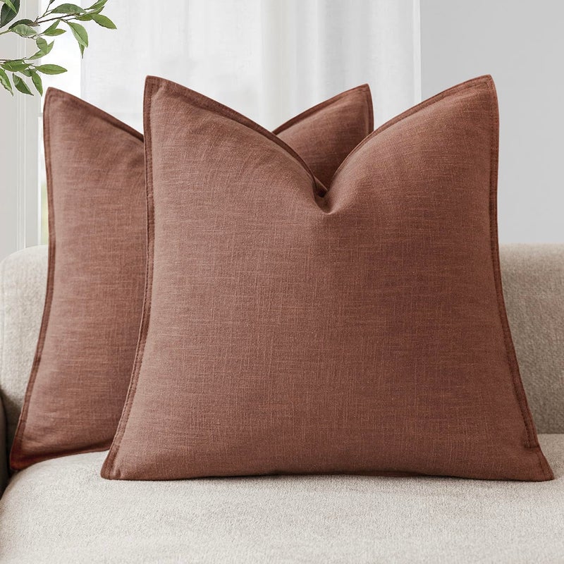 Foindtower Pack of 2 Decorative Linen Soild Throw Pillow Covers Soft Accent Euro Cushion Case Boho Farmhouse Pillowcase for Chair Couch Sofa Bedroom Living Room Home Decor 20 x 20 Inch Rust Red - Image 2