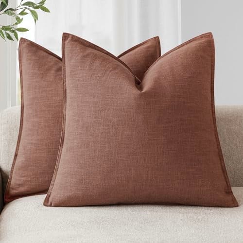Foindtower Pack of 2 Decorative Linen Soild Throw Pillow Covers Soft Accent Euro Cushion Case Boho Farmhouse Pillowcase for Chair Couch Sofa Bedroom Living Room Home Decor 20 x 20 Inch Rust Red - Image 1