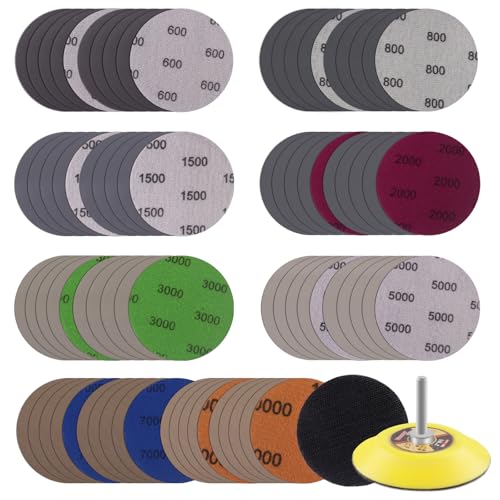 MAXMAN 3 Inch Sandpaper (75mm) Silicon Carbide Wet/Dry Hook & Loop Sanding Discs Assorted 600/800/1500/2000/3000/5000/7000/10000 Grit with 1/4 Shank Sanding Pad &Sponge Polishing Pad(82pcs) - Image 1