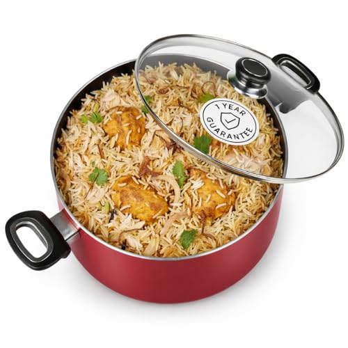 Nolta PS Biryani Pot (5L) Induction Cookware, ISI Certified, 1yr Replace-Guarantee, PFOA-Free Non-Toxic Non-Stick Coating Biriyani Handi (24cm, Maroon) - Image 1