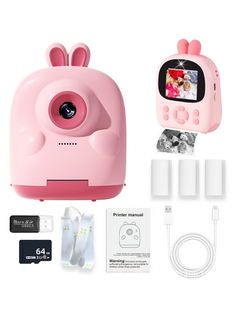 والالا كاميرا طباعة فورية للأطفال، كاميرات فيديو رقمية عالية الدقة 1080 بكسل، 3 لفات ورق طباعة وبطاقة 64 جيجابايت، هدايا عيد ميلاد للبنات والأولاد من سن 3 إلى 12 عامًا، لون وردي - Image 1