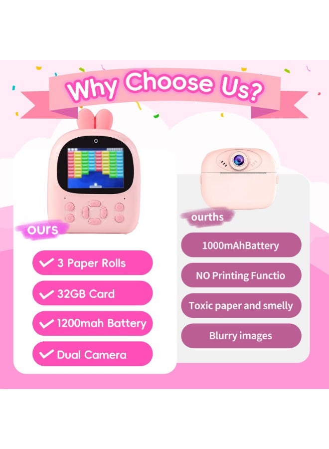 والالا كاميرا طباعة فورية للأطفال، كاميرات فيديو رقمية عالية الدقة 1080 بكسل، 3 لفات ورق طباعة وبطاقة 64 جيجابايت، هدايا عيد ميلاد للبنات والأولاد من سن 3 إلى 12 عامًا، لون وردي - Image 5