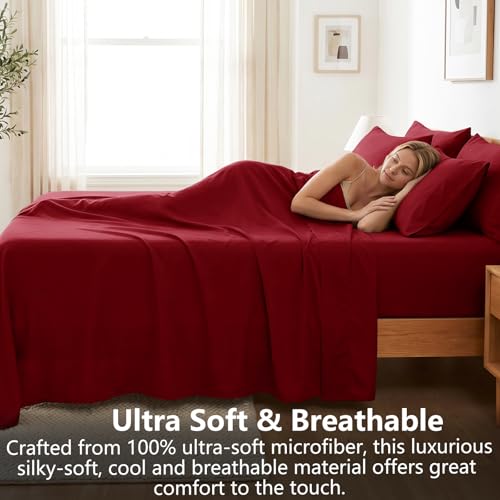CozyLux Extra Deep Pocket Queen Sheet Set - 6 Piece Sheets Queen Size Bed Set - Fits Up to 21 inches Mattresses Queen Sheets，Breathable Queen Bed Sheets & Pillowcases - Easy & Secure Fit, Dark Red - Image 4