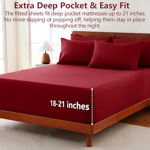 CozyLux Extra Deep Pocket Queen Sheet Set - 6 Piece Sheets Queen Size Bed Set - Fits Up to 21 inches Mattresses Queen Sheets，Breathable Queen Bed Sheets & Pillowcases - Easy & Secure Fit, Dark Red - Image 2