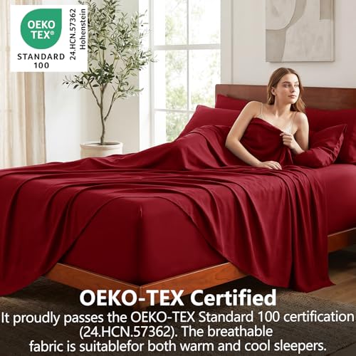 CozyLux Extra Deep Pocket Queen Sheet Set - 6 Piece Sheets Queen Size Bed Set - Fits Up to 21 inches Mattresses Queen Sheets，Breathable Queen Bed Sheets & Pillowcases - Easy & Secure Fit, Dark Red - Image 3