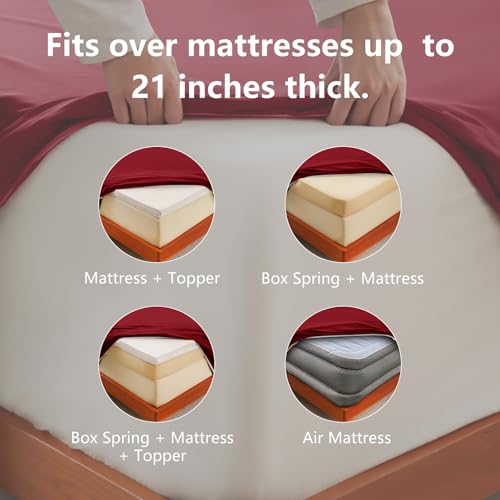 CozyLux Extra Deep Pocket Queen Sheet Set - 6 Piece Sheets Queen Size Bed Set - Fits Up to 21 inches Mattresses Queen Sheets，Breathable Queen Bed Sheets & Pillowcases - Easy & Secure Fit, Dark Red - Image 5