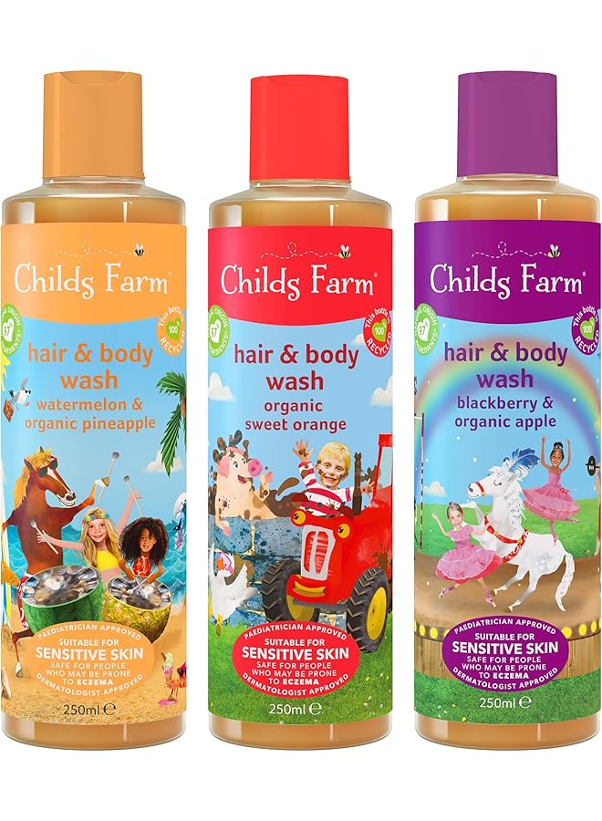 Childs Farm Kids Hair And Body Wash Multipack Bundle 3 X 250Ml Watermelon And Pineapple Sweet Orange And Blackberry And Organic Apple Suitable For Dry Itchy And Eczema Prone Skin