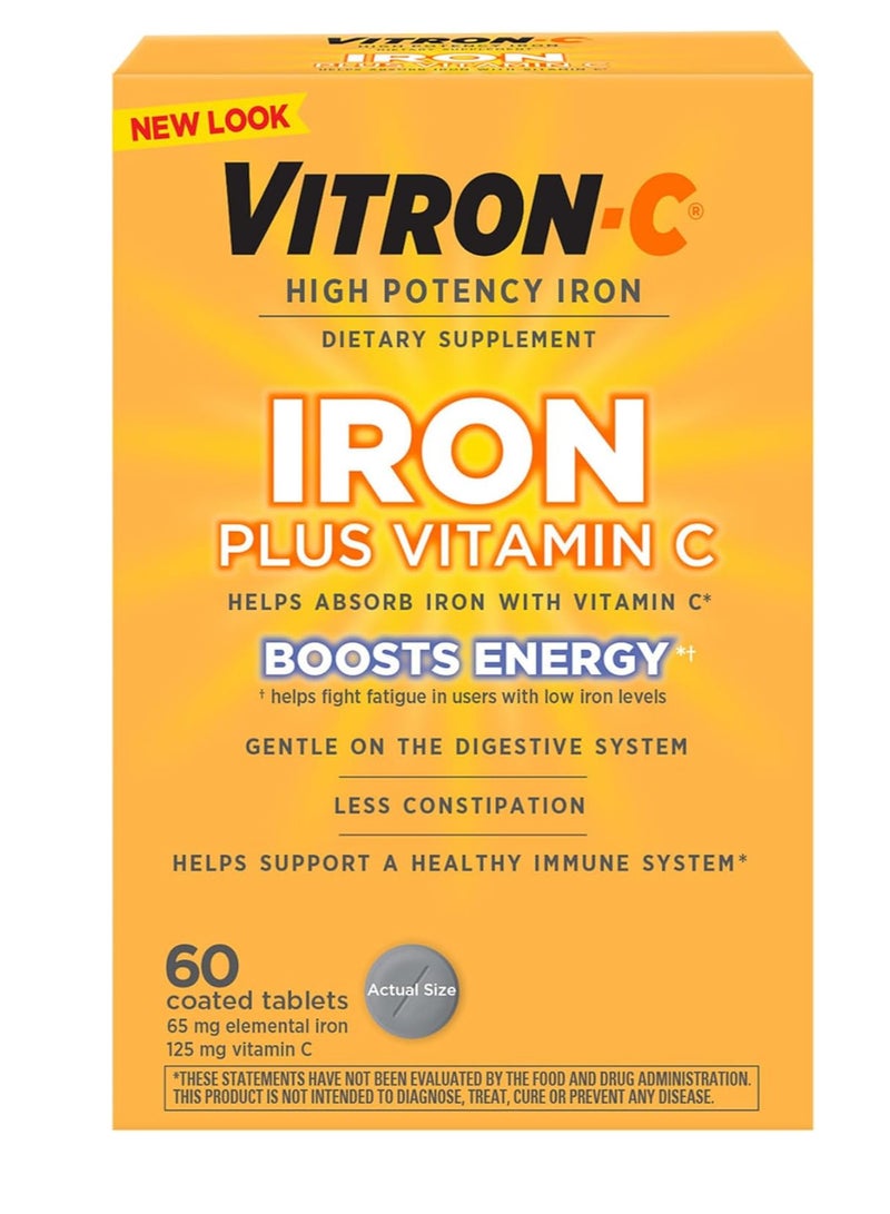 Vitron-C Iron Supplement, Once Daily, High Potency Iron Plus Vitamin C, Dye Free Tablets, 60 Count - Image 1