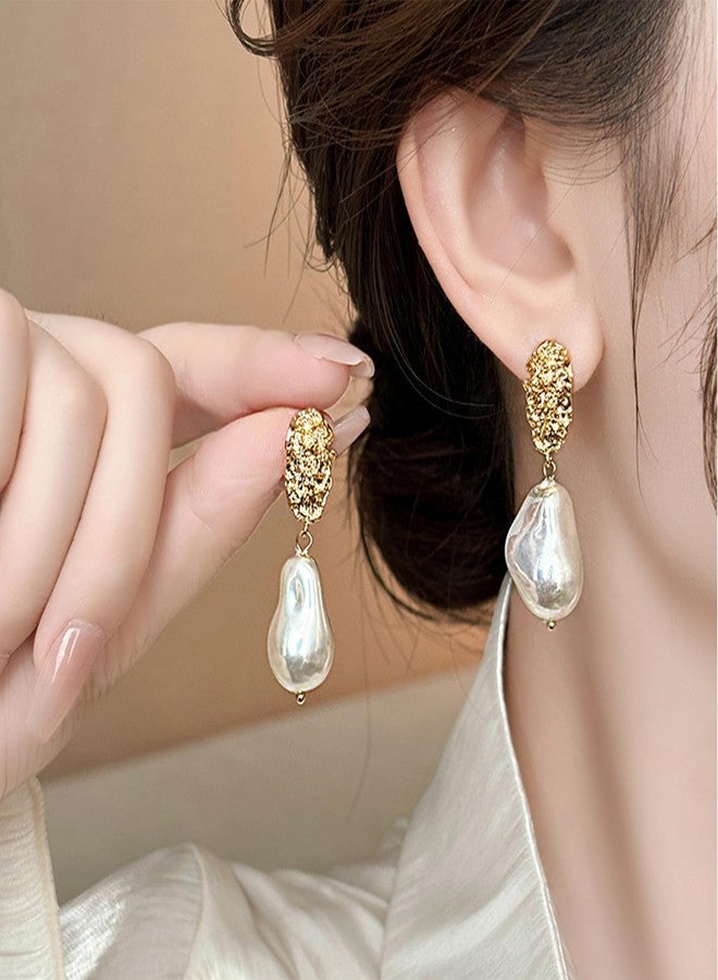 Decixde Gold Pearl Earrings for Women Baroque Pearl Dangle Drop Earrings Dainty Prom earring for women (Pearl Dangle) - Image 3