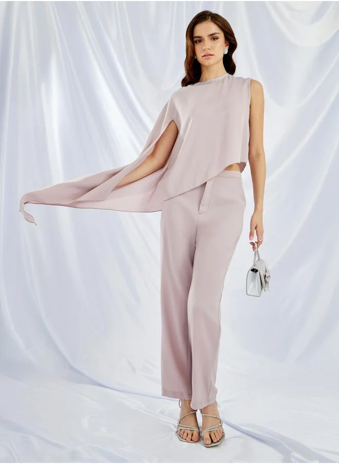 Styli Styli Round Neck One Cape Sleeve Top and Pants Co-Ords