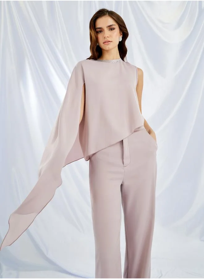 Styli Styli Round Neck One Cape Sleeve Top and Pants Co-Ords