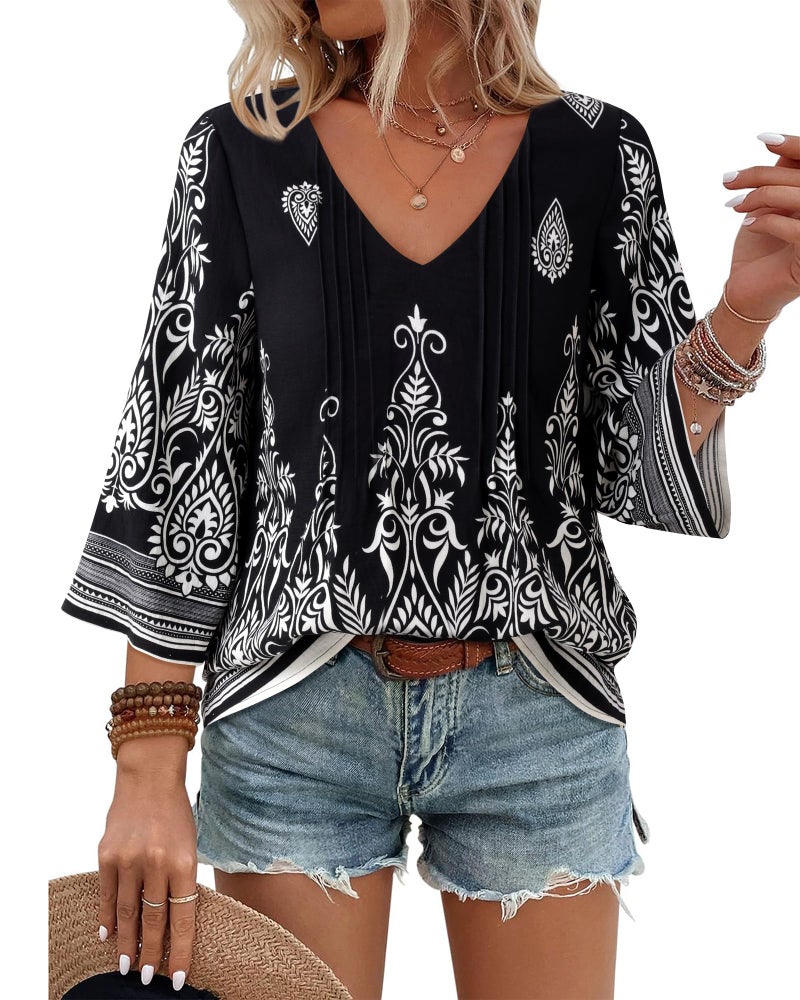 Youtalia Ladies Linen Boho Peasant Blouses Floral Tunic Tops Loose Fit Dressy Hippie Clothes for Ladies Trendy Blouse Women Blouses Dressy Casual Black White Floral XL - Image 1