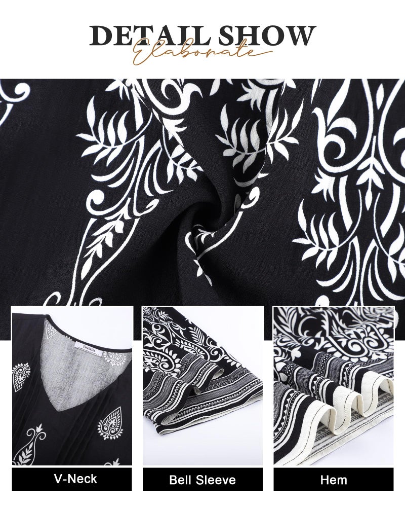 Youtalia Ladies Linen Boho Peasant Blouses Floral Tunic Tops Loose Fit Dressy Hippie Clothes for Ladies Trendy Blouse Women Blouses Dressy Casual Black White Floral XL - Image 5