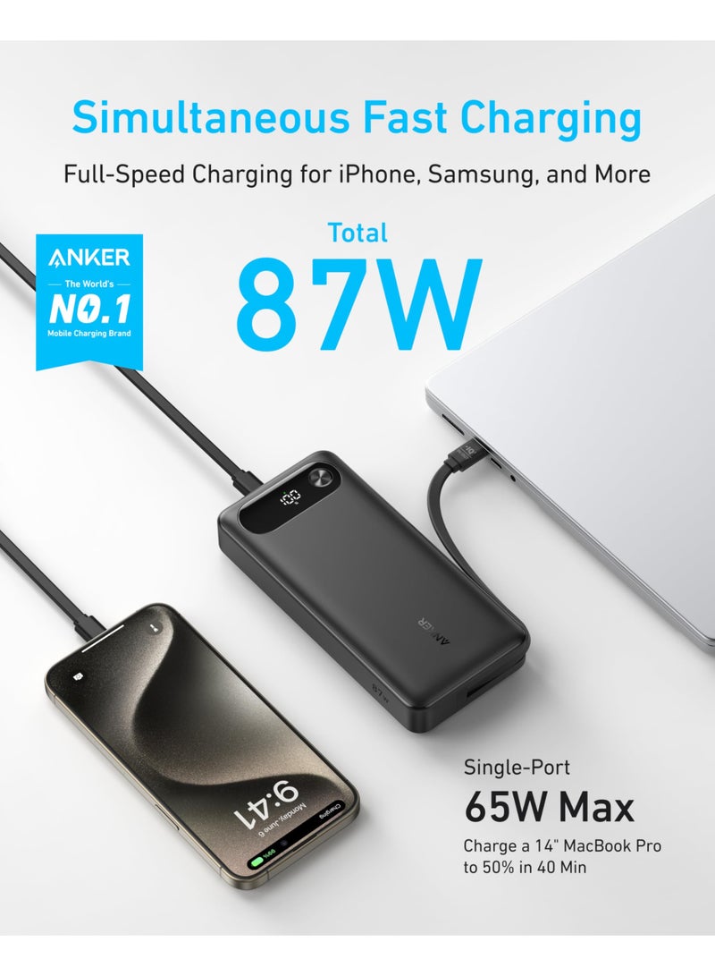 أنكر بانك طاقة لابتوب أنكر، شاحن محمول بسعة 20,000 مللي أمبير مع كابل USB-C مدمج، حزمة بطارية بشحن سريع بحد أقصى 87 واط، 2 USB-C و 1 USB-A، لجهاز ماك بوك، آيفون 16/15، سامسونج، هواوي، والمزيد - Image 2